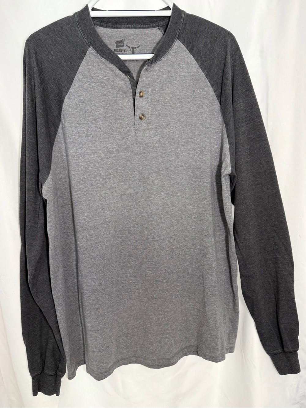 Hanes Two-Tone Gray Raglan Henley Long Sleeve Shirt